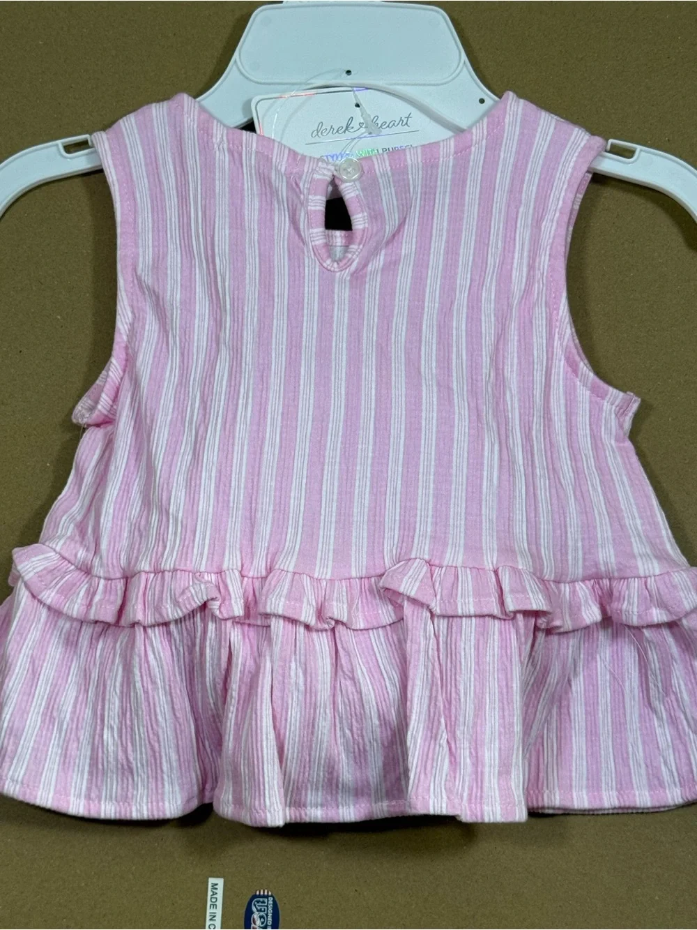 Derek Heart Pink Striped Ruffle Tank with Round Straw Crossbody Bag